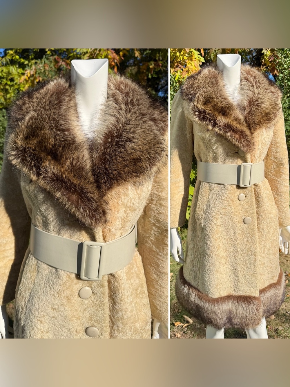 Vintage Raccoon Fur Collar Sheared Lamb Sheep Coat 1970s Heavy Warm 1960s S/M